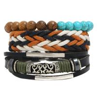 Cowhide Bracelet, with Wax Cord & Wood & Tibetan Style, 3 pieces & fashion jewelry & Unisex, multi-colored, Sold By Set