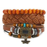 Cowhide Bracelet, with Linen & Wood & Copper Coated Plastic & Tibetan Style, 3 pieces & fashion jewelry & Unisex, multi-colored, Sold By Set