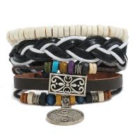 Cowhide Bracelet with Linen & Wax Cord & Wood & Zinc Alloy 3 pieces & fashion jewelry & Unisex multi-colored Sold By Set