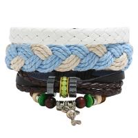 Cowhide Bracelet, with Linen & PU Leather & Wax Cord & Wood & Tibetan Style, 3 pieces & fashion jewelry & Unisex, multi-colored, Sold By Set