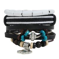 Cowhide Bracelet, with Linen & PU Leather & Wood & Copper Coated Plastic, 3 pieces & fashion jewelry & Unisex, multi-colored, Sold By Set