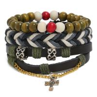 Cowhide Bracelet, with Wax Cord & Wood & Tibetan Style, 3 pieces & fashion jewelry & Unisex, multi-colored, Sold By Set