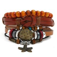 Cowhide Bracelet, with Wax Cord & Wood & Copper Coated Plastic & Tibetan Style, antique bronze color plated, 3 pieces & fashion jewelry & Unisex, multi-colored, Sold By Set