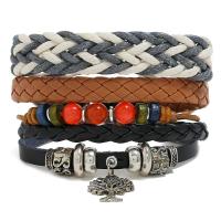 Wrap Bracelet Linen with PU Leather & Wax Cord & Wood & Zinc Alloy 3 pieces & fashion jewelry & Unisex multi-colored 17-18cm Sold By Set