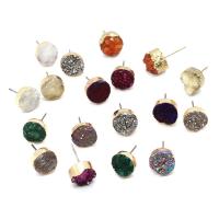 Ice Quartz Agate Stud Earring, with Brass, Flat Round, gold color plated, for woman, more colors for choice, 10x17mm, Sold By Pair