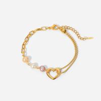 Stainless Steel Jewelry Bracelet, 304 Stainless Steel, with Plastic Pearl, with 1.5inch extender chain, Heart, Vacuum Ion Plating, Adjustable & fashion jewelry & for woman & hollow, golden, 11.64mm, Length:7 Inch, Sold By PC