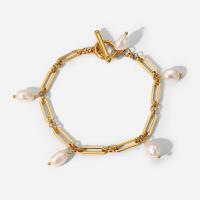 Stainless Steel Jewelry Bracelet, 304 Stainless Steel, with Freshwater Pearl, Vacuum Ion Plating, Adjustable & fashion jewelry, golden, Length:19.8 cm, Sold By PC