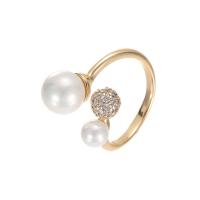 Brass Cuff Finger Ring gold color plated Adjustable & micro pave cubic zirconia & for woman & with plastic pearl Sold By PC