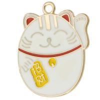 Tibetan Style Enamel Pendants, Fortune Cat, gold color plated, Unisex, white, nickel, lead & cadmium free, 29x35x1.50mm, Hole:Approx 2.5mm, Approx 500PCs/Bag, Sold By Bag
