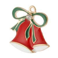 Sinkkiseos Christmas riipukset, Christmas Bell, kullan väri kullattu, Unisex & emali & tekojalokivi, punainen, nikkeli, lyijy ja kadmium vapaa, 24x25x4mm, Reikä:N. 2mm, N. 500PC/laukku, Myymät laukku