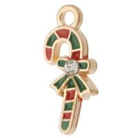 Tibetan Style Christmas Pendants, Christmas Candy Cane, gold color plated, Unisex & enamel & with rhinestone, mixed colors, nickel, lead & cadmium free, 8x19.50x3mm, Hole:Approx 2mm, Approx 500PCs/Bag, Sold By Bag