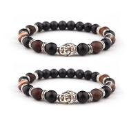 Coffee Agate Bracelet with Abrazine Stone & Zinc Alloy Buddha silver color plated elastic & Unisex mixed colors 8mm Length 7.5 Inch Sold By PC