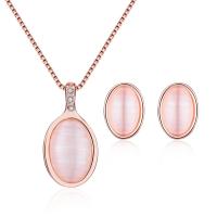 Cat Eye Jewelry Set, Stud Earring & necklace, Tibetan Style, with Cats Eye, rose gold color plated, 2 pieces & for woman & with rhinestone, rose gold color, nickel, lead & cadmium free, 11*20mm,11*19mm, Length:Approx 15.75 Inch, Sold By Set