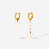 Huggie Hoop Drop Earring 304 Stainless Steel with Freshwater Pearl Vacuum Ion Plating fashion jewelry & for woman golden  Sold By Pair