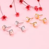 925 Sterling Silver Stud Earring, with Freshwater Pearl, Square, plated, with plastic earnut & for woman & with rhinestone, more colors for choice, 6.50mm, Sold By Pair