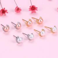 925 Sterling Silver Stud Earring with Freshwater Pearl Round plated with plastic earnut & for woman & with rhinestone 7mm Sold By Pair