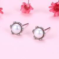 925 Sterling Silver Stud Earring, with Freshwater Pearl, Flower, plated, with plastic earnut & fashion jewelry & for woman, more colors for choice, 7mm, Sold By Pair