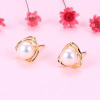 925 Sterling Silver Stud Earring with Freshwater Pearl Triangle plated with plastic earnut & for woman & hollow 10mm Sold By Pair