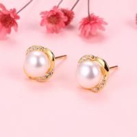 925 Sterling Silver Stud Earring with Freshwater Pearl Crown plated with plastic earnut & for woman & with rhinestone 8.50mm Sold By Pair
