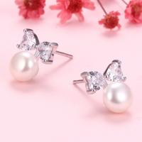 Freshwater Pearl Earrings, 925 Sterling Silver, with Freshwater Pearl, Bowknot, platinum plated, with plastic earnut & micro pave cubic zirconia & for woman, more colors for choice, 9x11mm, Sold By Pair