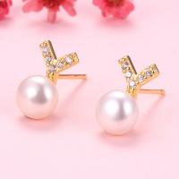 Freshwater Pearl Earrings, 925 Sterling Silver, with Freshwater Pearl, Letter Y, plated, with plastic earnut & for woman & with rhinestone, more colors for choice, 8x12mm, Sold By Pair