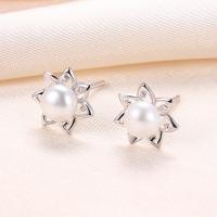 Freshwater Pearl Earrings 925 Sterling Silver with Freshwater Pearl Flower plated with plastic earnut & for woman & hollow 9mm Sold By Pair