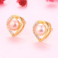 Freshwater Pearl Earrings 925 Sterling Silver with Freshwater Pearl Heart plated with plastic earnut & for woman & with rhinestone & hollow Sold By Pair