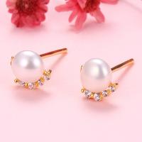 Freshwater Pearl Earrings, 925 Sterling Silver, with Freshwater Pearl, plated, with plastic earnut & for woman & with rhinestone, more colors for choice, 6x6.50mm, Sold By Pair