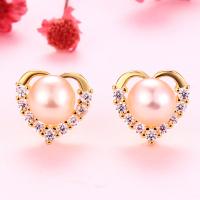 Freshwater Pearl Earrings, 925 Sterling Silver, with Freshwater Pearl, Heart, plated, with plastic earnut & for woman & with rhinestone, more colors for choice, 7.50x8mm, Sold By Pair