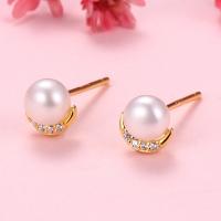 925 Sterling Silver Stud Earring, with Freshwater Pearl, Moon, plated, with plastic earnut & micro pave cubic zirconia & for woman, more colors for choice, 6x6.50mm, Sold By Pair