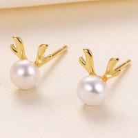 925 Sterling Silver Stud Earring with Freshwater Pearl Antlers plated with plastic earnut & fashion jewelry & for woman Sold By Pair