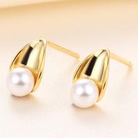 925 Sterling Silver Stud Earrings, with Shell Pearl, Calla Lily, gold color plated, with plastic earnut & for woman, more colors for choice, 5x10mm, Sold By Pair