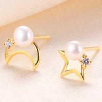 925 Sterling Silver Stud Earring with Freshwater Pearl Moon and Star gold color plated with plastic earnut & for woman & with rhinestone & hollow Sold By Pair