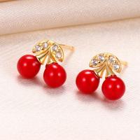 925 Sterling Silver Stud Earrings, with Shell Pearl, Cherry, gold color plated, with plastic earnut & for woman & with rhinestone, more colors for choice, 9x8mm, Sold By Pair