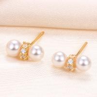 925 Sterling Silver Stud Earrings with Shell Pearl Cherry gold color plated with plastic earnut & for woman & with rhinestone 10mm 4mm Sold By Pair