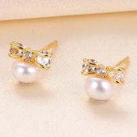 925 Sterling Silver Stud Earring with Freshwater Pearl Bowknot gold color plated with plastic earnut & micro pave cubic zirconia & for woman Sold By Pair