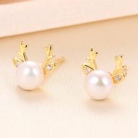 925 Sterling Silver Stud Earring, with Freshwater Pearl, Antlers, plated, with plastic earnut & for woman & with rhinestone, more colors for choice, 8x8mm, Sold By Pair