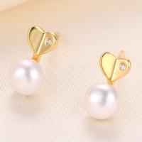 925 Sterling Silver Stud Earring, with Freshwater Pearl, Heart, plated, with plastic earnut & for woman & with rhinestone, more colors for choice, 5x9mm, Sold By Pair