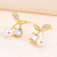 925 Sterling Silver Stud Earrings with Shell Pearl Leaf gold color plated with plastic earnut & for woman & with rhinestone Sold By Pair