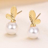 925 Sterling Silver Stud Earrings, with Shell Pearl, Leaf, gold color plated, with plastic earnut & for woman, more colors for choice, 6x14mm, Sold By Pair