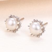 925 Sterling Silver Stud Earring with Freshwater Pearl Snowflake plated with plastic earnut & for woman 7mm Sold By Pair