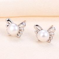 925 Sterling Silver Stud Earring with Freshwater Pearl Butterfly plated with plastic earnut & for woman & hollow Sold By Pair