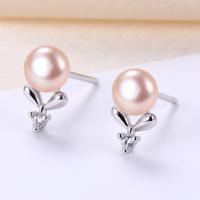 925 Sterling Silver Stud Earring with Freshwater Pearl Flower plated with plastic earnut & for woman & with rhinestone Sold By Pair
