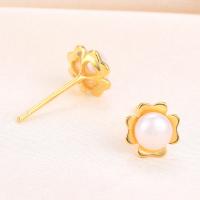 925 Sterling Silver Stud Earring, with Freshwater Pearl, Flower, plated, with plastic earnut & for woman, more colors for choice, 7mm, Sold By Pair