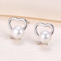 925 Sterling Silver Stud Earring, with Freshwater Pearl, Heart, gold color plated, with plastic earnut & for woman & hollow, more colors for choice, 7.50x8mm, Sold By Pair