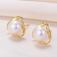 925 Sterling Silver Stud Earring with Freshwater Pearl Triangle plated with plastic earnut & for woman & hollow Sold By Pair