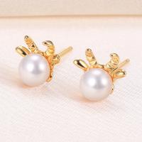 Freshwater Pearl Earrings, 925 Sterling Silver, with Freshwater Pearl, Horn, plated, with plastic earnut & for woman, more colors for choice, 8x7.50mm, Sold By Pair