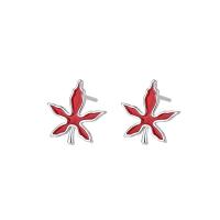 925 Sterling Silver Stud Earrings, Maple Leaf, plated, for woman & enamel, more colors for choice, 10x11mm, Sold By Pair