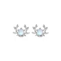 925 Sterling Silver Stud Earrings, with Moonstone, Deer, plated, polished & micro pave cubic zirconia & for woman, more colors for choice, 10x8mm, Sold By Pair
