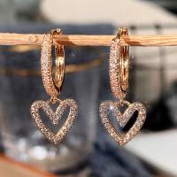 Huggie Hoop Drop Earring, Brass, Heart, plated, micro pave cubic zirconia & for woman & hollow, more colors for choice, 24mm, Sold By Pair